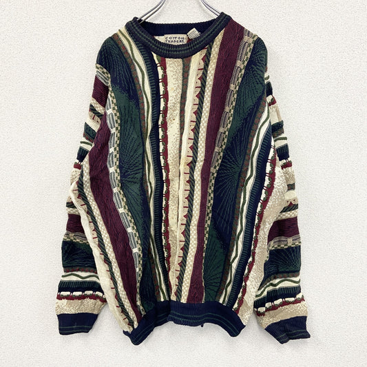 ～90s　COTTON TRADERS　COOGI風コットンニットセーター　ヴィンテージ　総柄　マルチカラー　XLサイズ