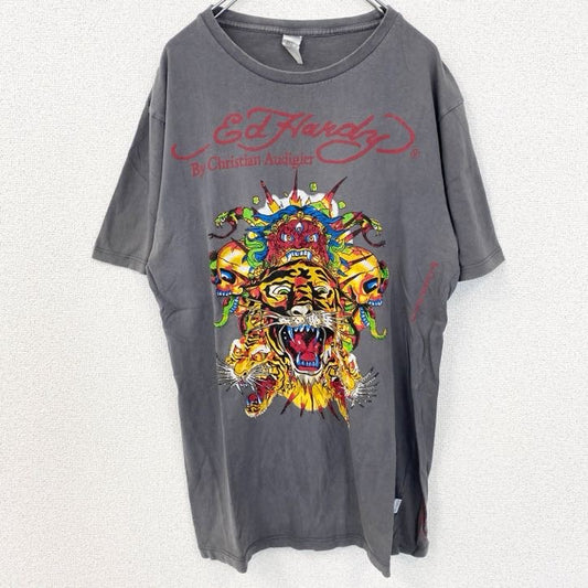 古着 used　Ed Hardy　エドハーディー　半袖プリントTシャツ　寅年　クルーネック　レトロデザイン　グレー　XXLサイズ