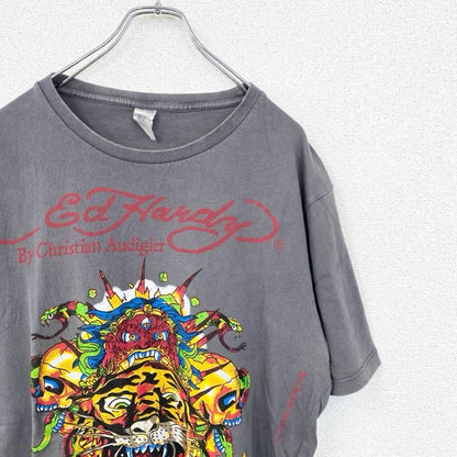 古着 used　Ed Hardy　エドハーディー　半袖プリントTシャツ　寅年　クルーネック　レトロデザイン　グレー　XXLサイズ