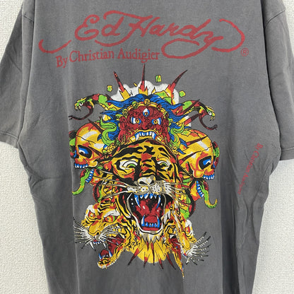 古着 used　Ed Hardy　エドハーディー　半袖プリントTシャツ　寅年　クルーネック　レトロデザイン　グレー　XXLサイズ