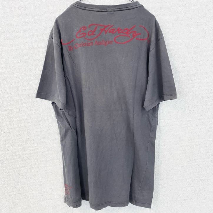 古着 used　Ed Hardy　エドハーディー　半袖プリントTシャツ　寅年　クルーネック　レトロデザイン　グレー　XXLサイズ
