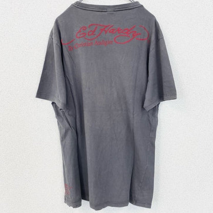 古着 used　Ed Hardy　エドハーディー　半袖プリントTシャツ　寅年　クルーネック　レトロデザイン　グレー　XXLサイズ
