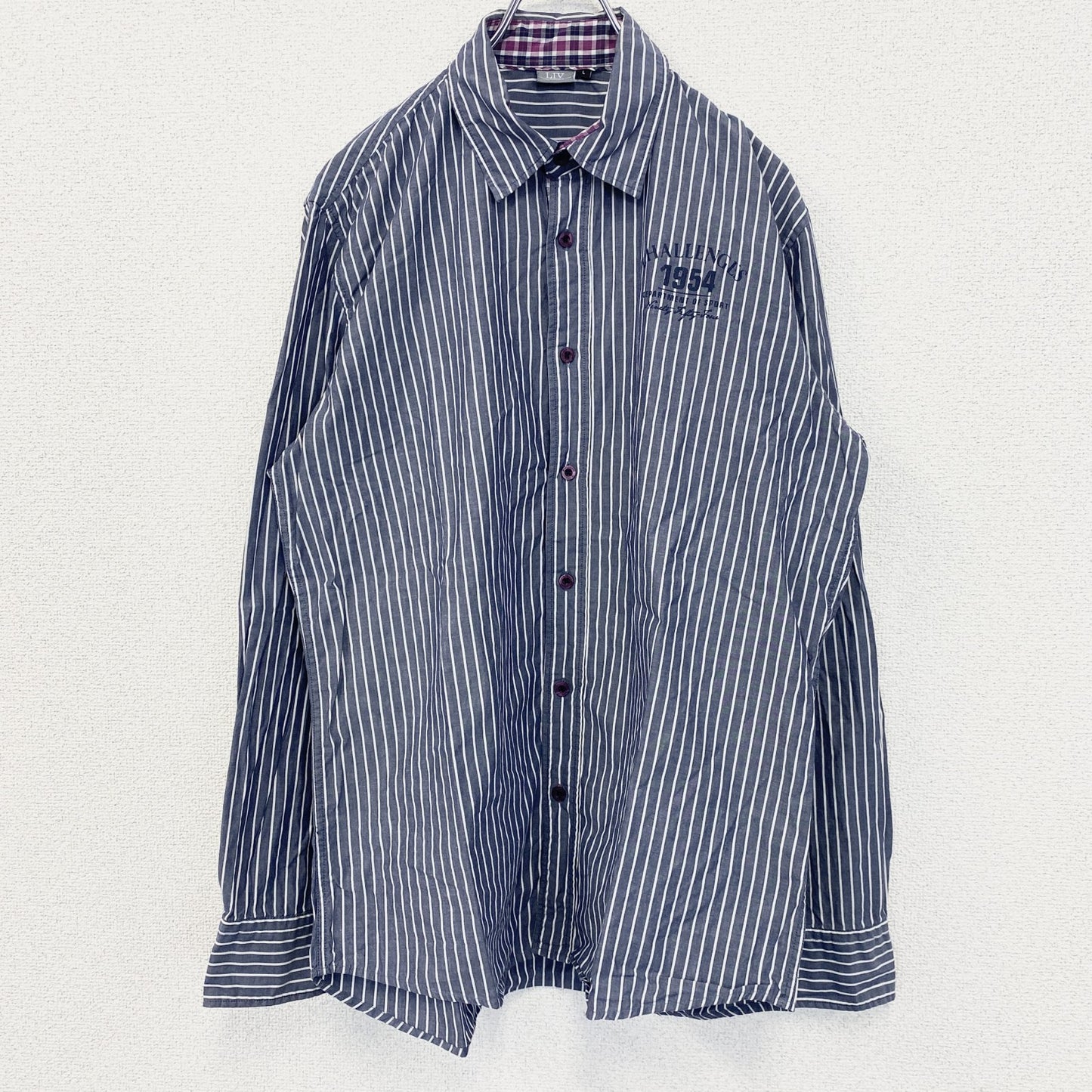 古着　used　LIV　ESSENTIALS　長袖シャツ　ストライプ柄　グレー　白　ホワイト　レトロデザイン　Lサイズ