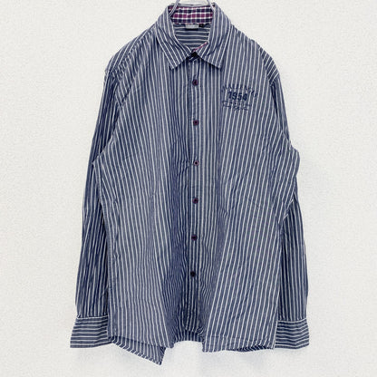 古着　used　LIV　ESSENTIALS　長袖シャツ　ストライプ柄　グレー　白　ホワイト　レトロデザイン　Lサイズ