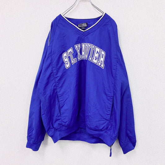 ～00s　CRABLE SPORTWEAR　プルオーバージャケット　Vネック　アーチプリント　刺繍ロゴ　青　ブルー　Lサイズ