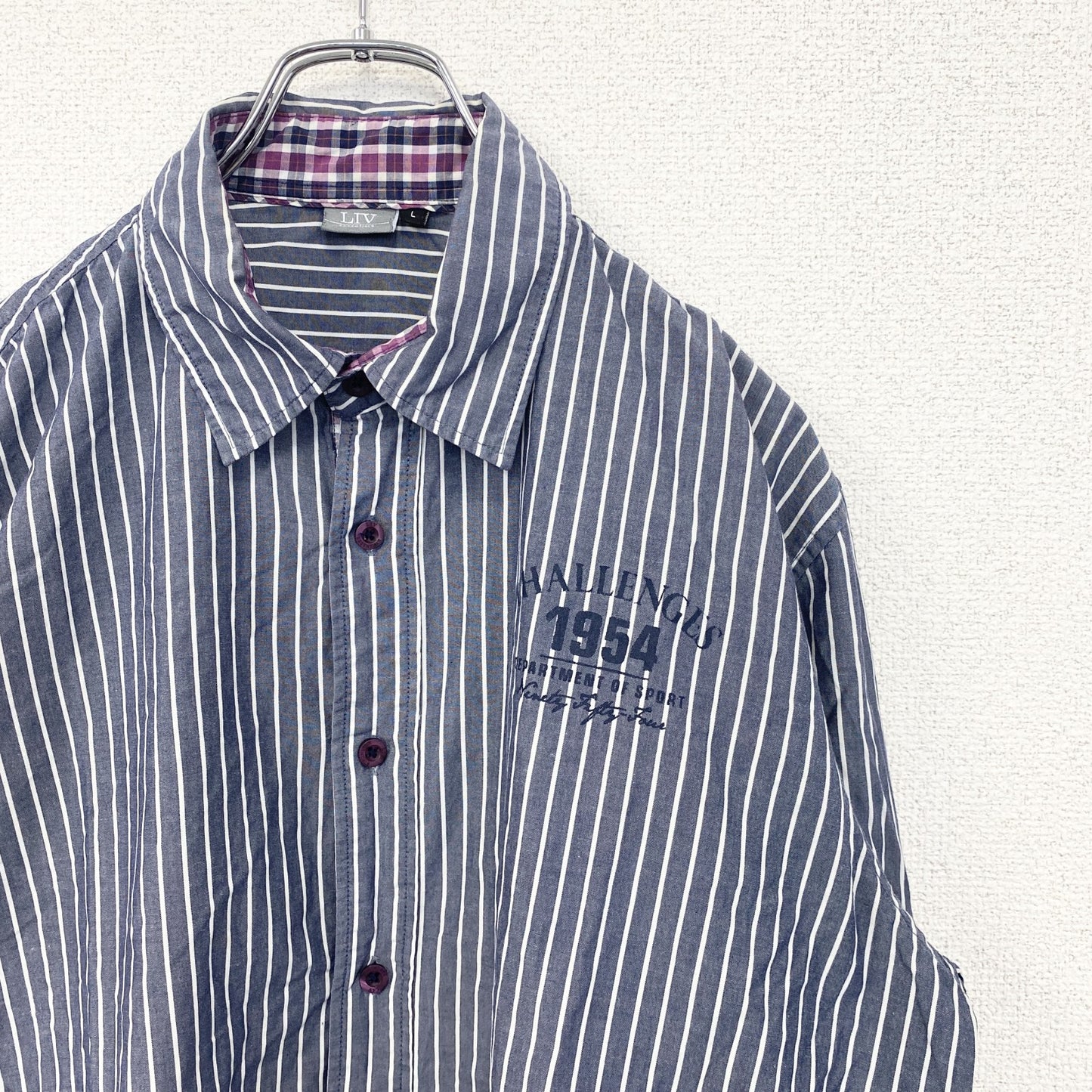 古着　used　LIV　ESSENTIALS　長袖シャツ　ストライプ柄　グレー　白　ホワイト　レトロデザイン　Lサイズ