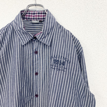 古着　used　LIV　ESSENTIALS　長袖シャツ　ストライプ柄　グレー　白　ホワイト　レトロデザイン　Lサイズ