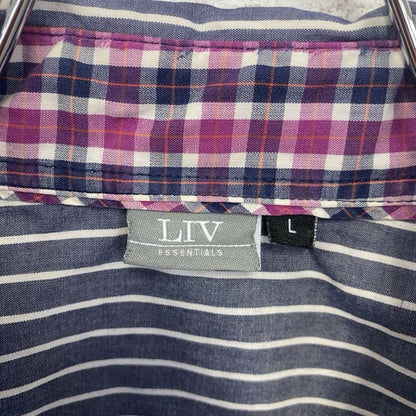 古着　used　LIV　ESSENTIALS　長袖シャツ　ストライプ柄　グレー　白　ホワイト　レトロデザイン　Lサイズ