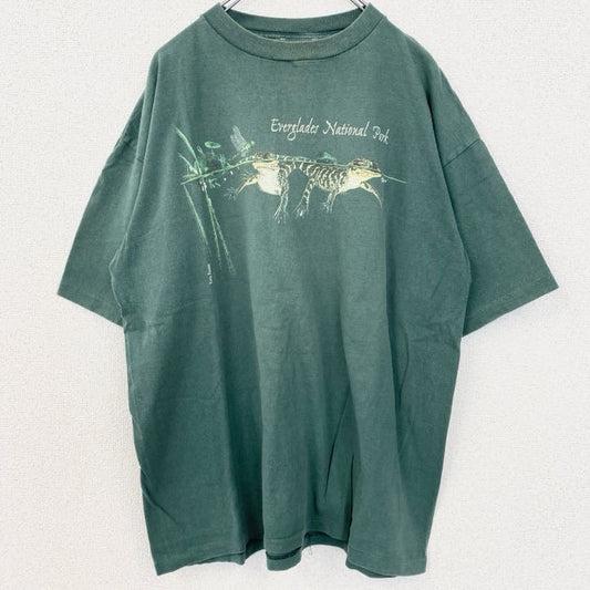 古着 used　半袖プリントTシャツ　シングルステッチ　爬虫類　ワニ　レトロデザイン　クルーネック　緑　グリーン