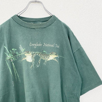 古着 used　半袖プリントTシャツ　シングルステッチ　爬虫類　ワニ　レトロデザイン　クルーネック　緑　グリーン