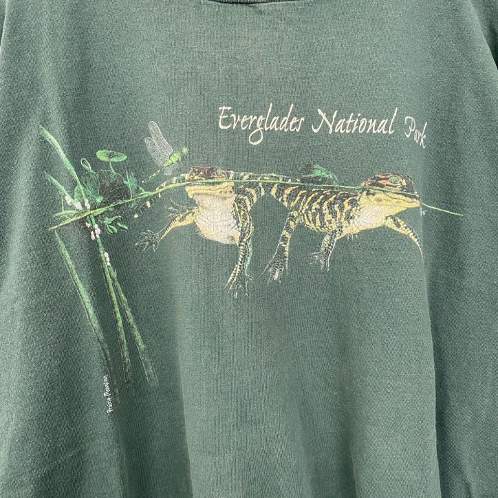 古着 used　半袖プリントTシャツ　シングルステッチ　爬虫類　ワニ　レトロデザイン　クルーネック　緑　グリーン