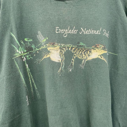 古着 used　半袖プリントTシャツ　シングルステッチ　爬虫類　ワニ　レトロデザイン　クルーネック　緑　グリーン
