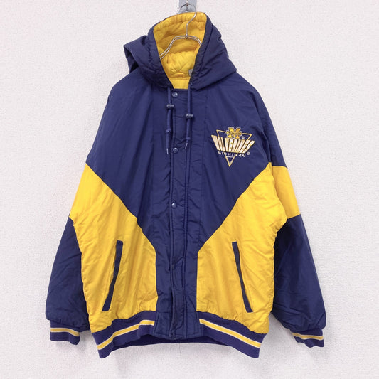 90s　LOGO 7　中綿ジャケット　中綿パーカー　ヴィンテージ　バイカラー　紺　ネイビー　黄色　イエロー　