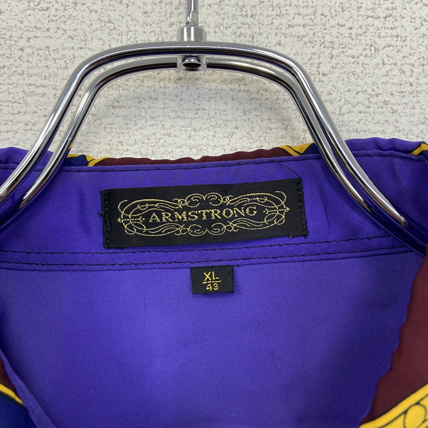 古着 used　ARMSTRONG　長袖総柄シャツ　パープル　紫　幾何学模様　マルチカラー　レトロデザイン　XLサイズ