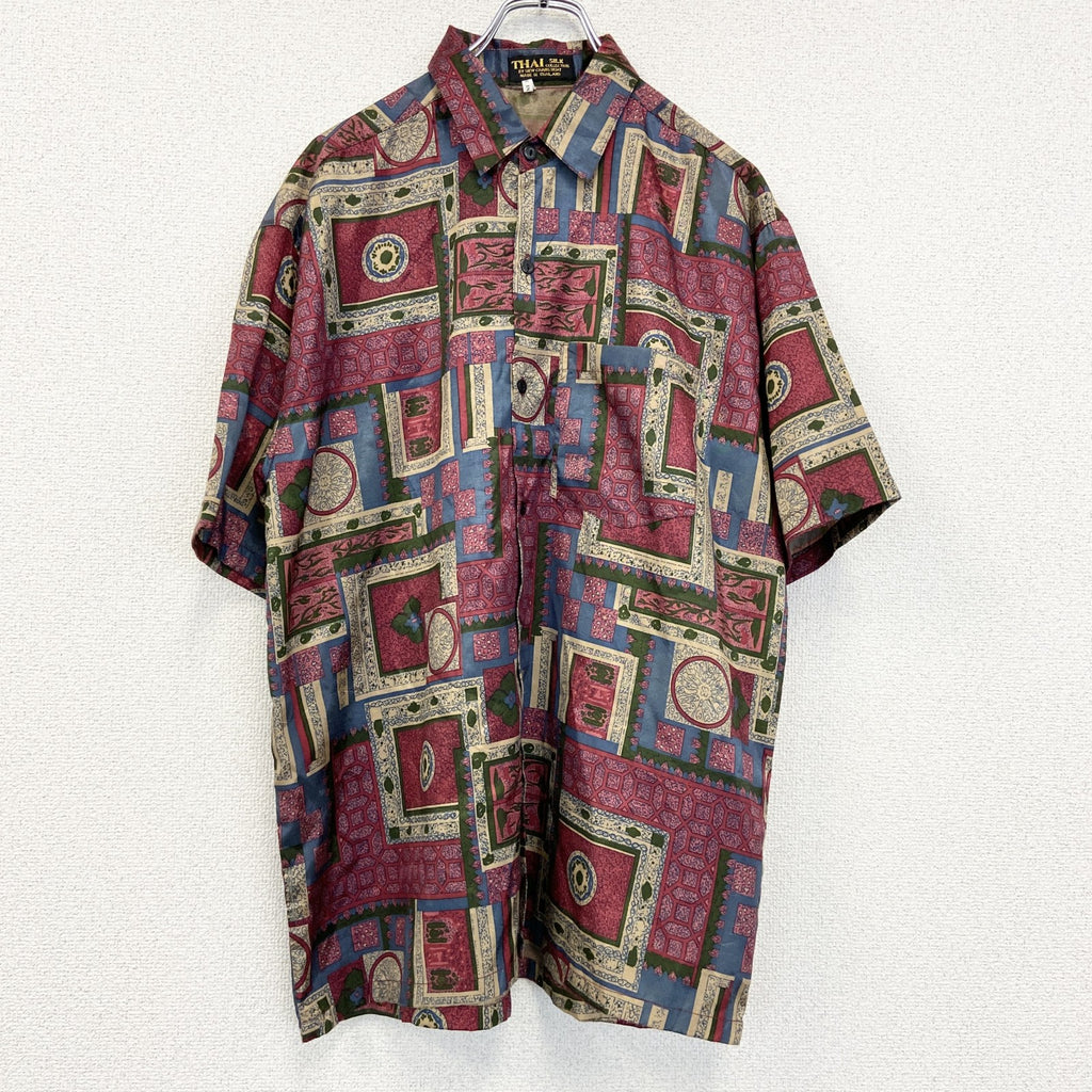 古着 used　THAI SILK BY APPLE 80~90s タイシルク 　半袖総柄シャツ　バーガンディ　赤　Lサイズ