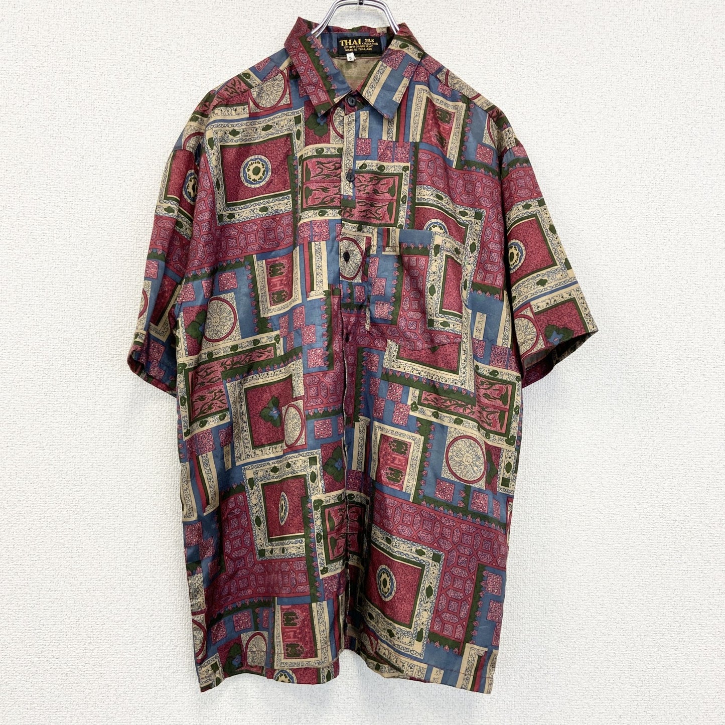 古着 used　THAI SILK BY APPLE 80~90s タイシルク 　半袖総柄シャツ　バーガンディ　赤　Lサイズ