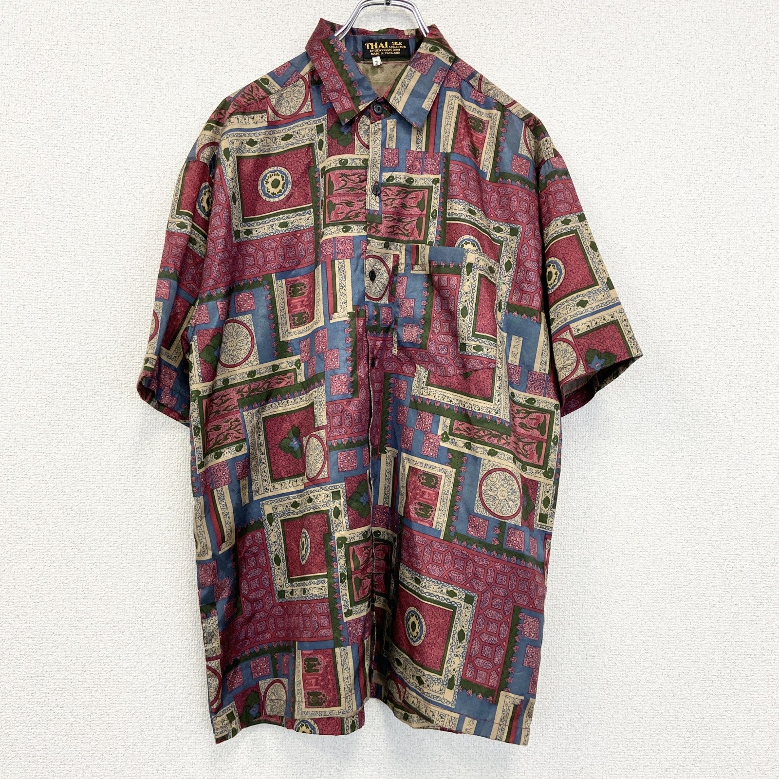 古着 used　THAI SILK BY APPLE 80~90s タイシルク 　半袖総柄シャツ　バーガンディ　赤　Lサイズ