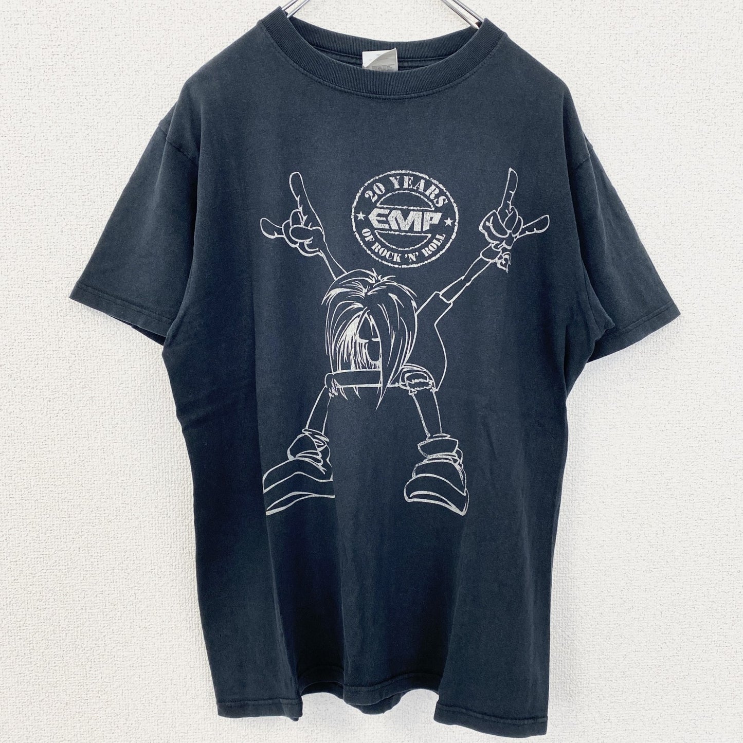 古着 used　半袖プリントTシャツ　rock 'n' roll　 EMP　クルーネック　レトロデザイン　黒　ブラック　XLサイズ
