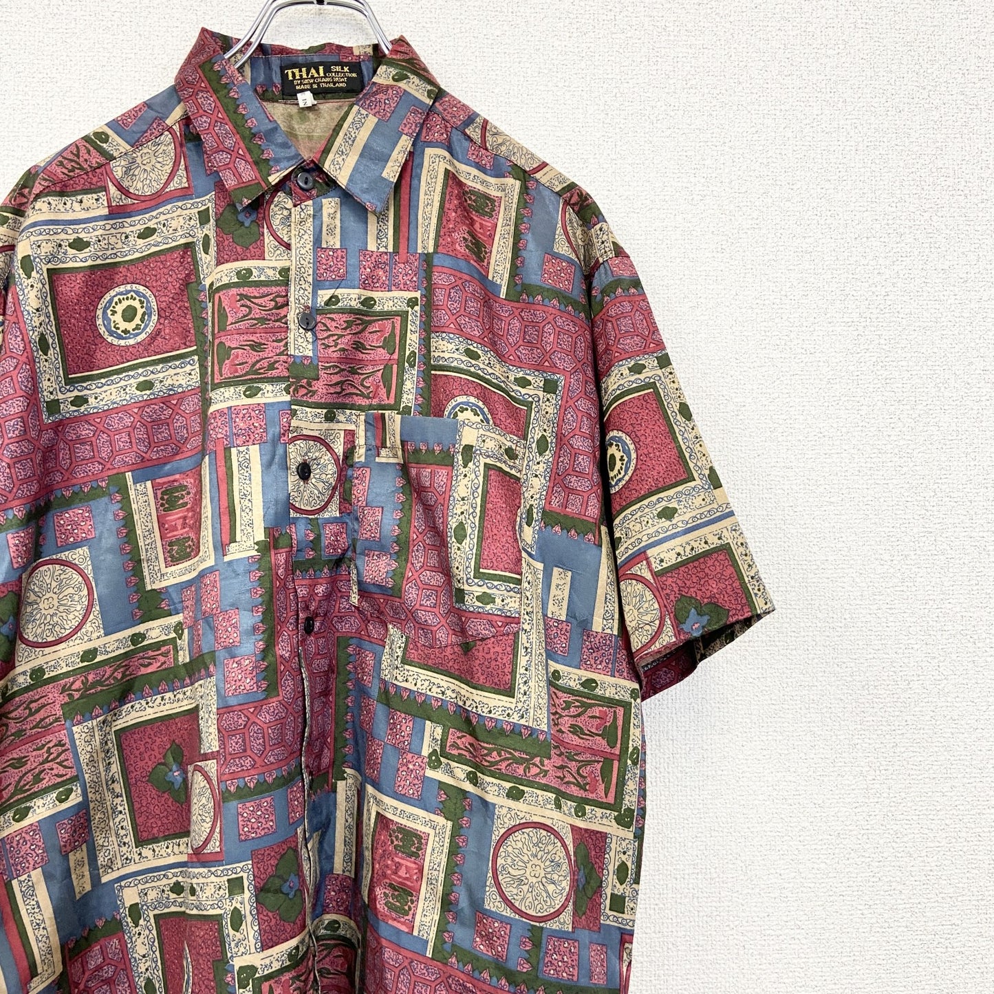 古着 used　THAI SILK BY APPLE 80~90s タイシルク 　半袖総柄シャツ　バーガンディ　赤　Lサイズ