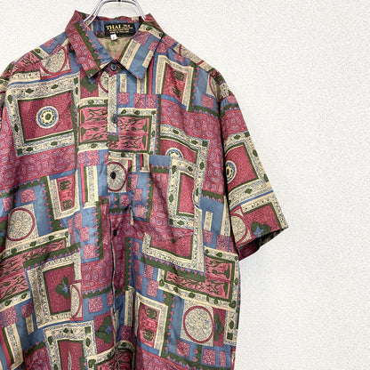 古着 used　THAI SILK BY APPLE 80~90s タイシルク 　半袖総柄シャツ　バーガンディ　赤　Lサイズ