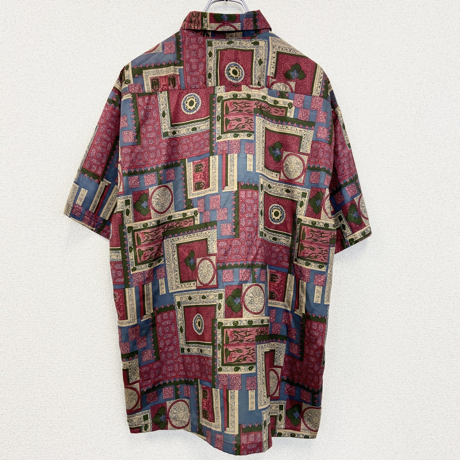 古着 used　THAI SILK BY APPLE 80~90s タイシルク 　半袖総柄シャツ　バーガンディ　赤　Lサイズ