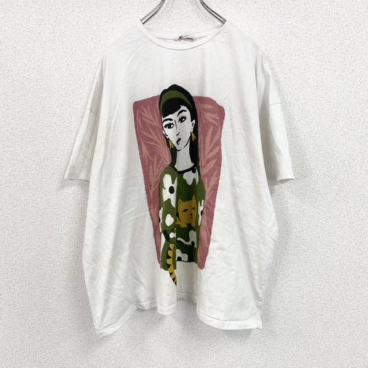 Tu　半袖プリントイラストTシャツ　アニマルT　猫　白　ホワイト　26サイズ