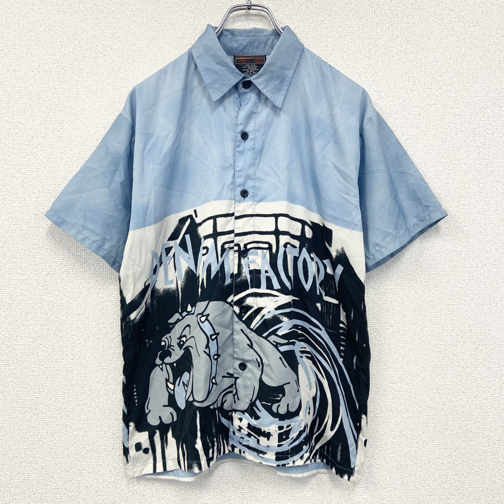 古着 used　Urban　半袖デザインシャツ　ライトブルー　水色　レトロデザイン　総柄　個性的　夏物　XSサイズ