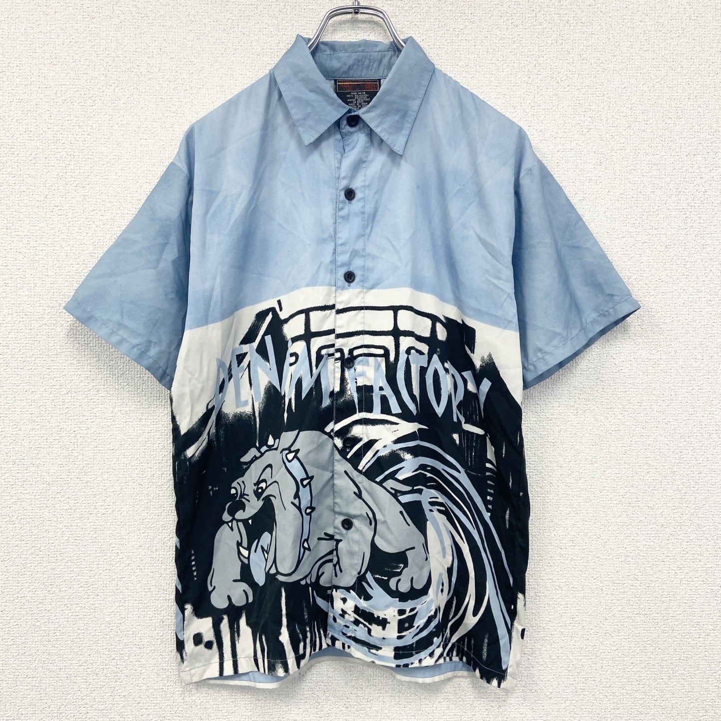 古着 used　Urban　半袖デザインシャツ　ライトブルー　水色　レトロデザイン　総柄　個性的　夏物　XSサイズ