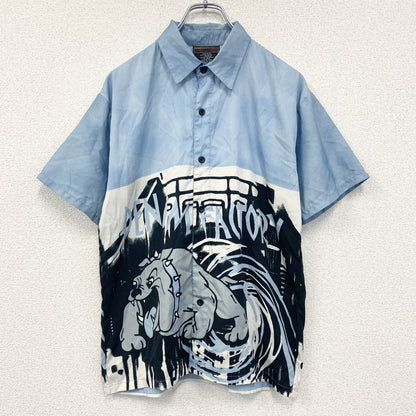 古着 used　Urban　半袖デザインシャツ　ライトブルー　水色　レトロデザイン　総柄　個性的　夏物　XSサイズ