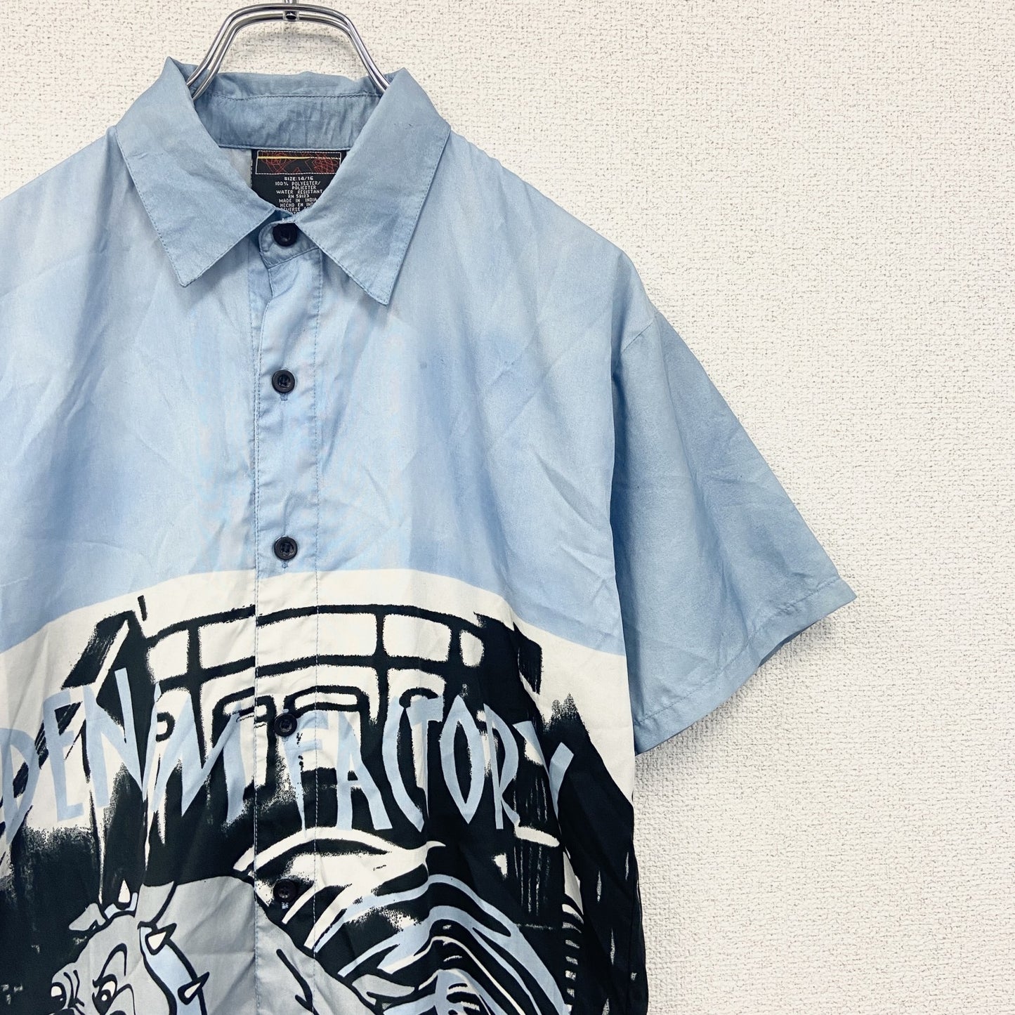 古着 used　Urban　半袖デザインシャツ　ライトブルー　水色　レトロデザイン　総柄　個性的　夏物　XSサイズ