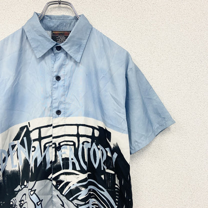 古着 used　Urban　半袖デザインシャツ　ライトブルー　水色　レトロデザイン　総柄　個性的　夏物　XSサイズ