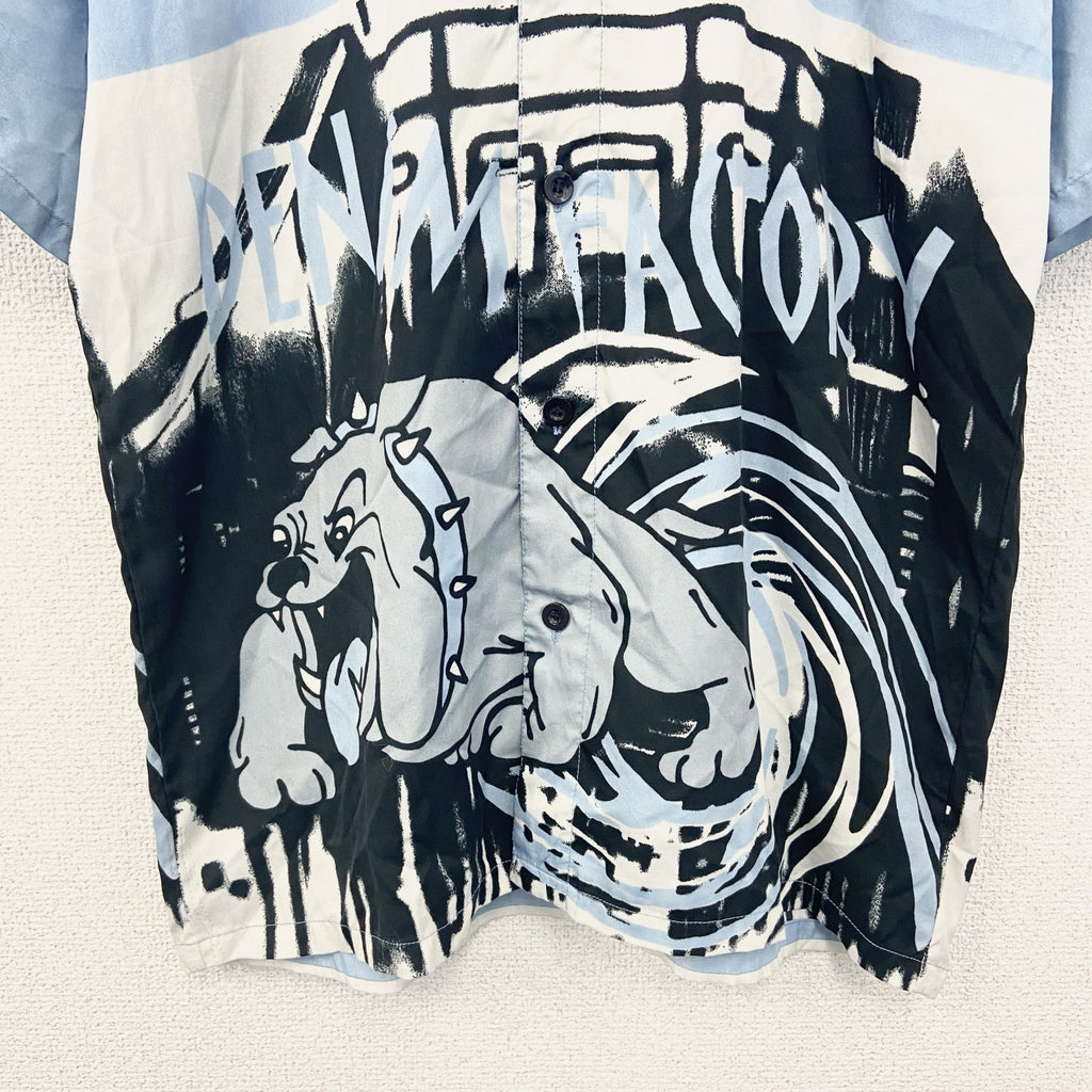 古着 used　Urban　半袖デザインシャツ　ライトブルー　水色　レトロデザイン　総柄　個性的　夏物　XSサイズ