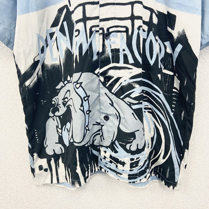 古着 used　Urban　半袖デザインシャツ　ライトブルー　水色　レトロデザイン　総柄　個性的　夏物　XSサイズ