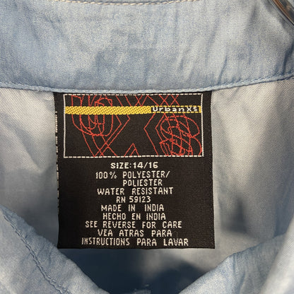 古着 used　Urban　半袖デザインシャツ　ライトブルー　水色　レトロデザイン　総柄　個性的　夏物　XSサイズ