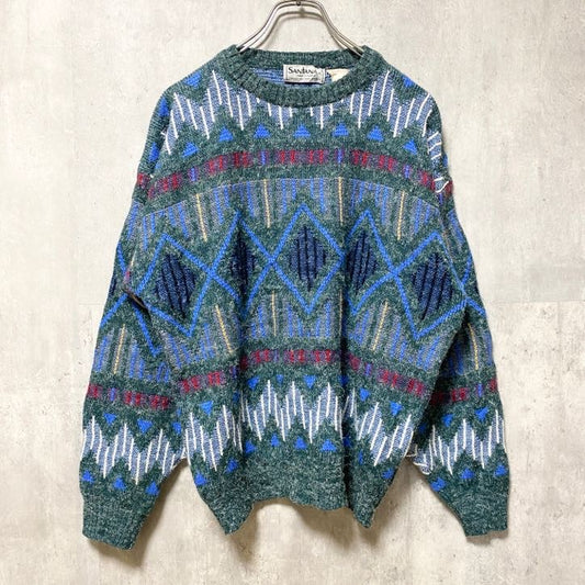 古着 used　90s　SANTANA　長袖総柄デザインニット　セーター　アクリル　クルーネック　幾何学柄　ヴィンテージ　Lサイズ
