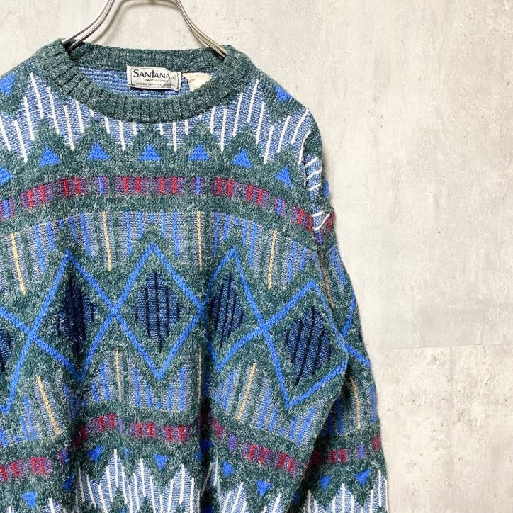古着 used　90s　SANTANA　長袖総柄デザインニット　セーター　アクリル　クルーネック　幾何学柄　ヴィンテージ　Lサイズ