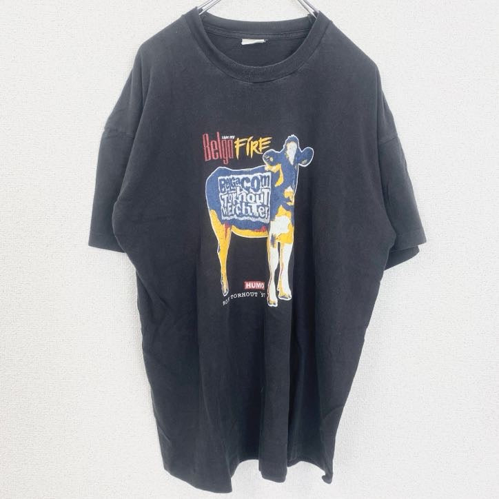古着 used　Belga Light my FiRE　半袖アニマルプリントTシャツ　レトロデザイン　クルーネック　黒　ブラック