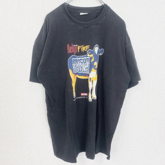 古着 used　Belga Light my FiRE　半袖アニマルプリントTシャツ　レトロデザイン　クルーネック　黒　ブラック
