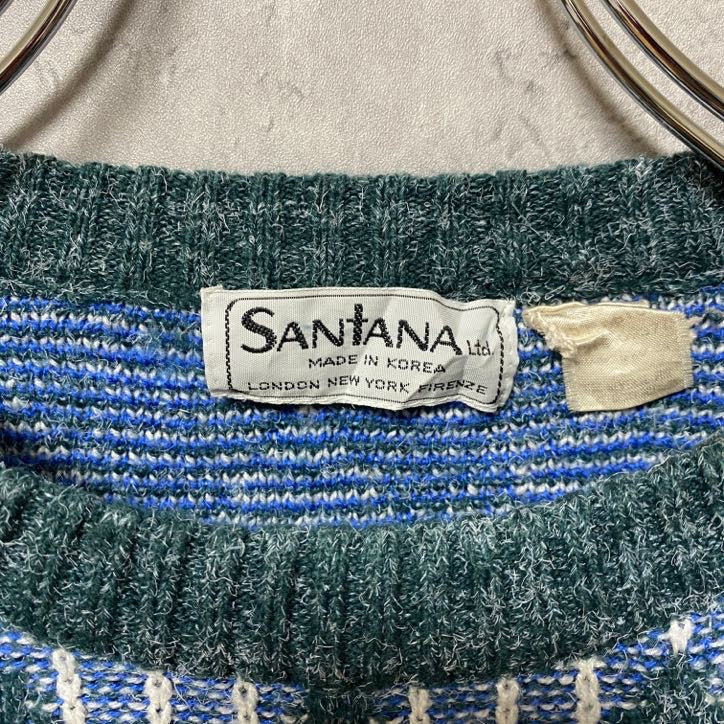 古着 used　90s　SANTANA　長袖総柄デザインニット　セーター　アクリル　クルーネック　幾何学柄　ヴィンテージ　Lサイズ