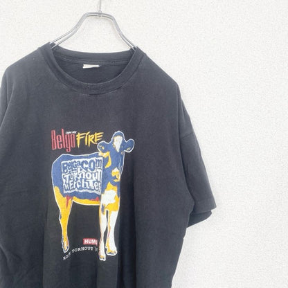 古着 used　Belga Light my FiRE　半袖アニマルプリントTシャツ　レトロデザイン　クルーネック　黒　ブラック