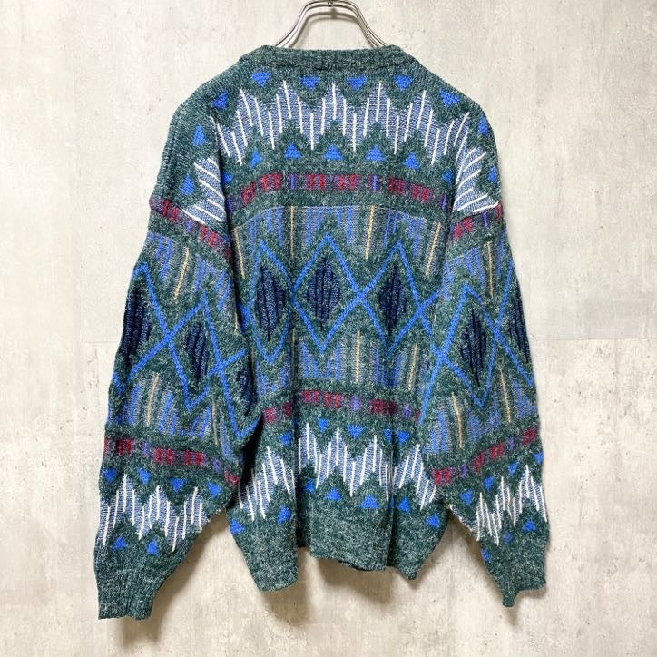 古着 used　90s　SANTANA　長袖総柄デザインニット　セーター　アクリル　クルーネック　幾何学柄　ヴィンテージ　Lサイズ