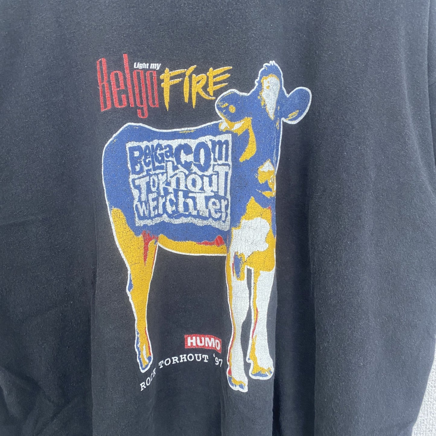 古着 used　Belga Light my FiRE　半袖アニマルプリントTシャツ　レトロデザイン　クルーネック　黒　ブラック