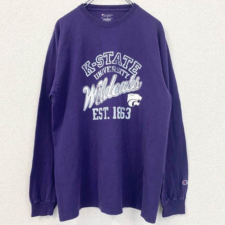 古着 used　champion　チャンピオン　長袖カレッジプリントTシャツ　ロンT　紫　カンザス州立大学　レトロ　Lサイズ