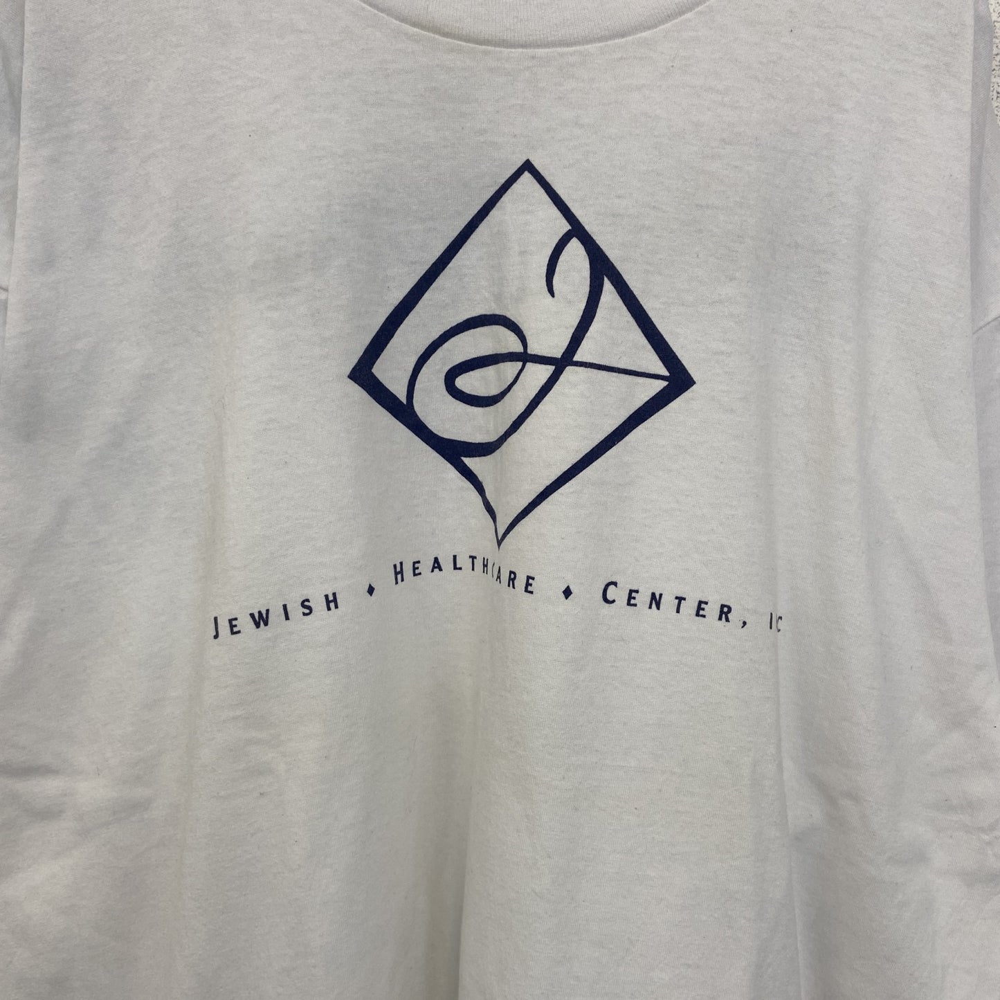 ～90s　半袖プリント企業Tシャツ　シングルステッチ　英字プリント　両面プリント　クルーネック　ヴィンテージ　白　ホワイト