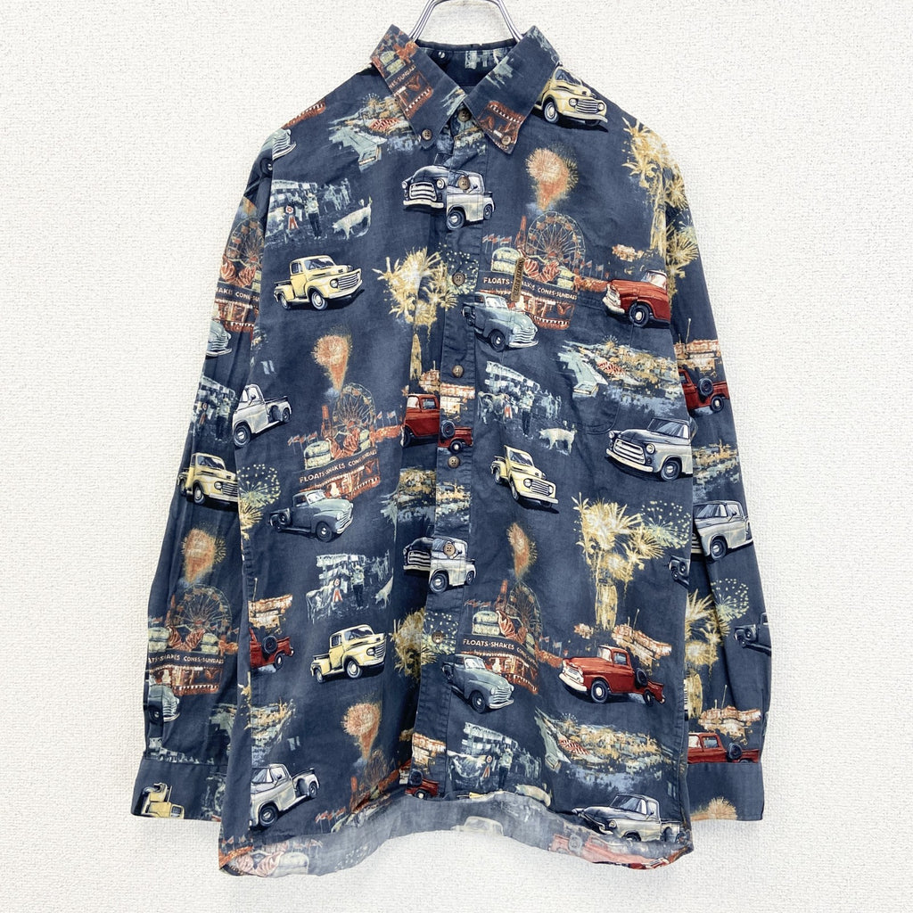古着 used　NORTH RIVER ノースリバー　半袖プリント総柄シャツ　クラシックカー　旧車　個性的　レトロ　Lサイズ