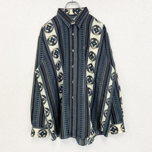 古着 used　Gentle Artist　長袖プリント総柄シャツ　レトロデザイン　幾何学模様　個性的　青　XLサイズ　