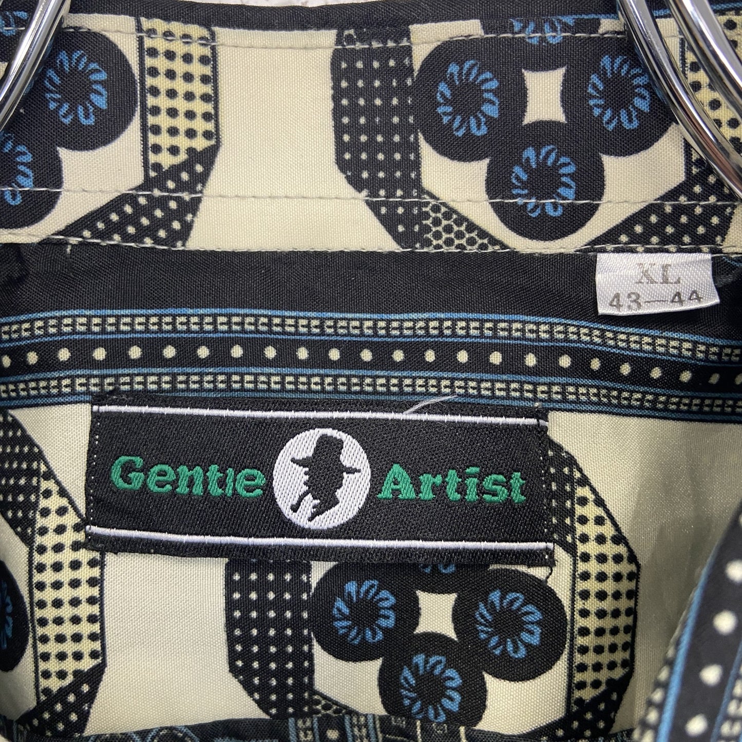 古着 used　Gentle Artist　長袖プリント総柄シャツ　レトロデザイン　幾何学模様　個性的　青　XLサイズ　