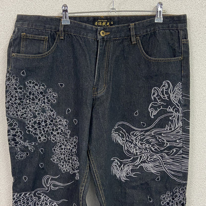不俱戴天　フグタイテン　デニムパンツ/ジーンズ　刺繡　ジップフライ　黒　ブラック　W40サイズ