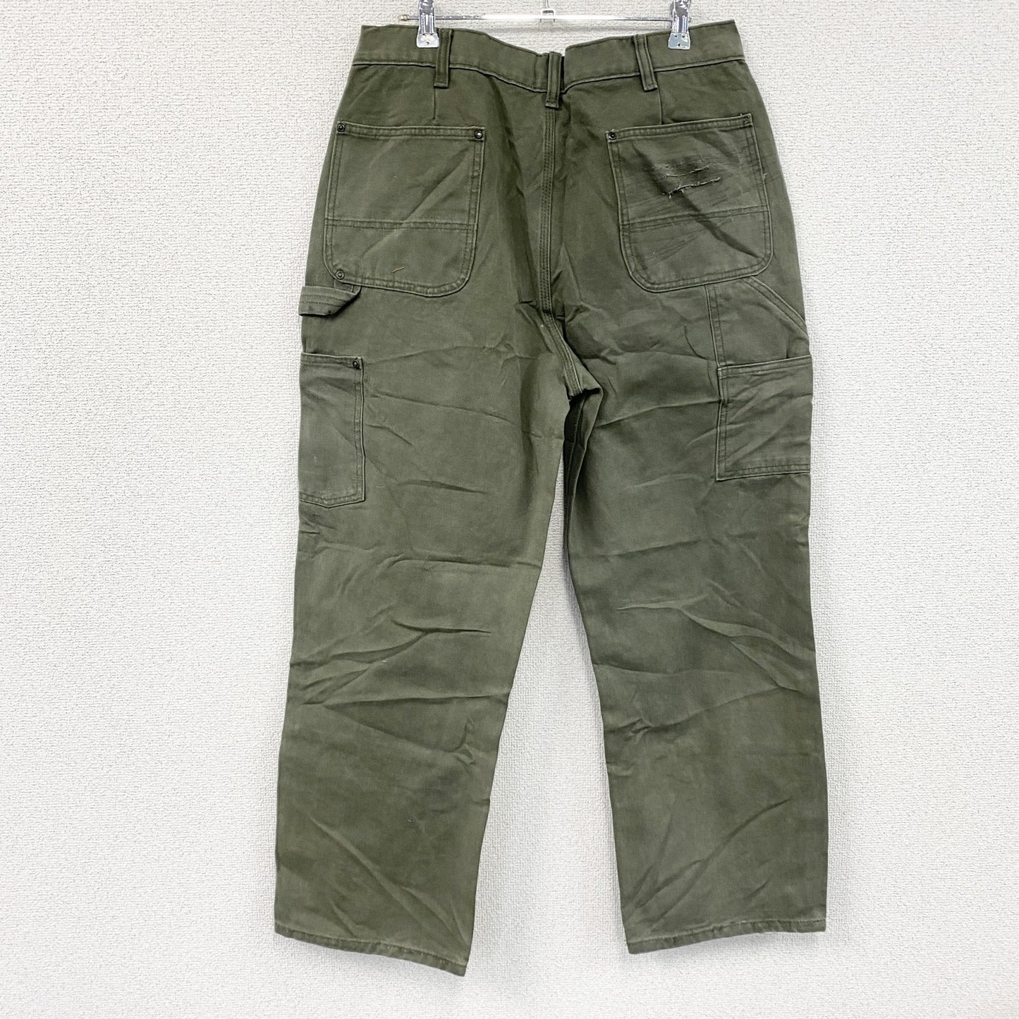ノーブランド　ダメージ加工　ダブルニーペインターパンツ　ダックパンツ　BORO　襤褸　カーキ　　