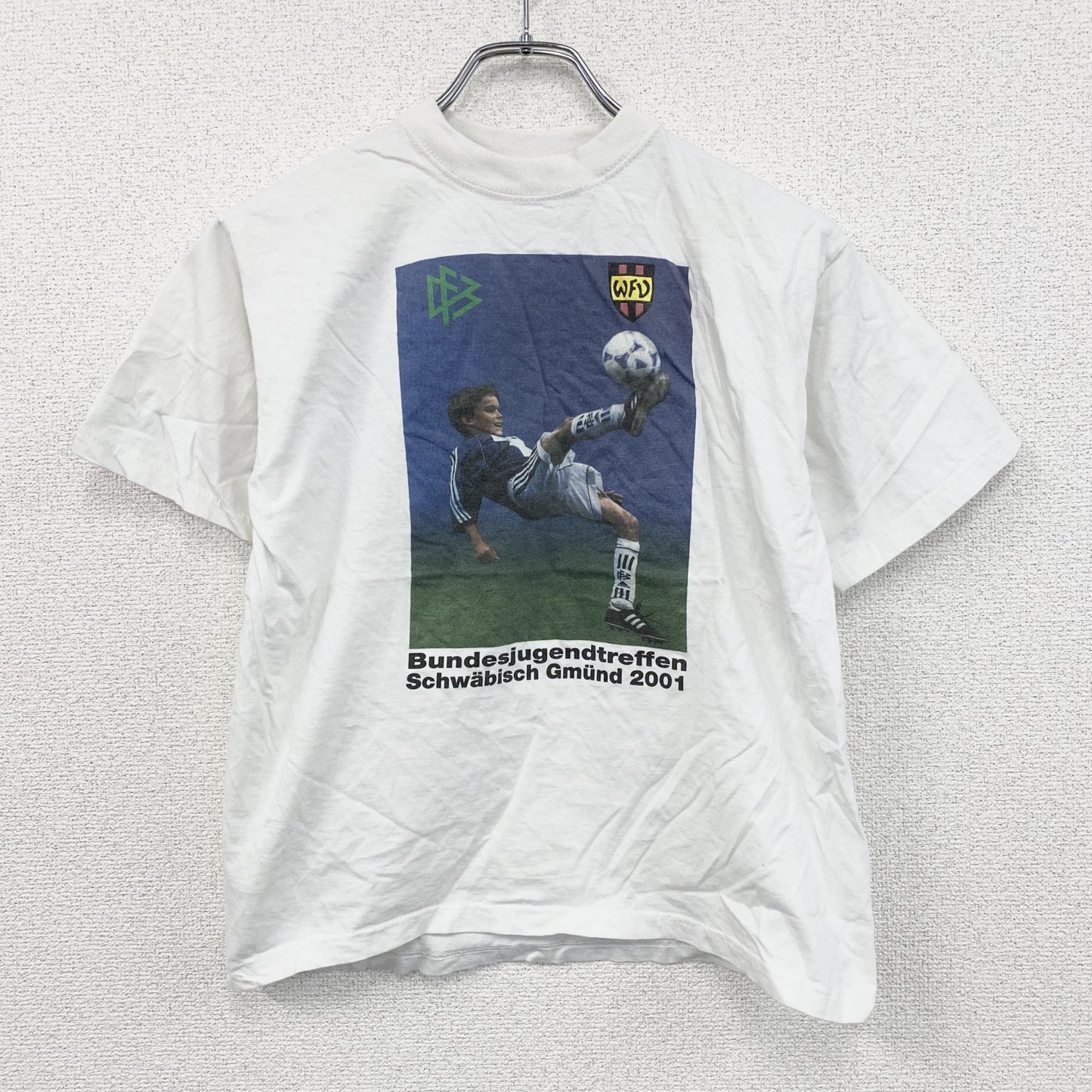 BASIC WEAR　半袖プリントフォトTシャツ　誰やねん　サッカー　両面プリント　クルーネック　白　ホワイト　164サイズ